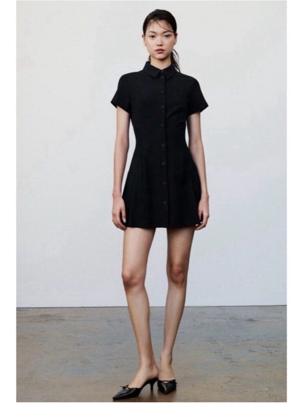 Black Short-Sleeve Button-Front Mini Dress